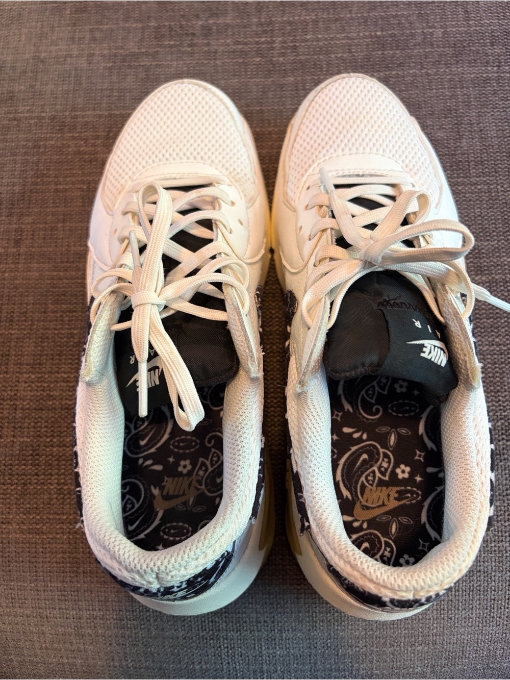 Nike Women's White and Cream Sneakers with Gum Sole and Black Bandana Accents - Picture 3 of 7